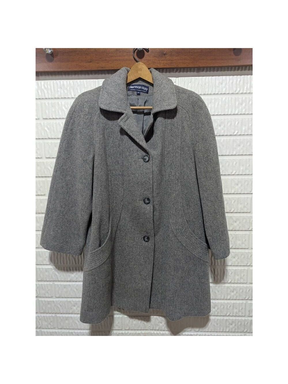 Herman Kay Vintage Women's Gray Solid Wool Button-Front Winter Coat Size 14